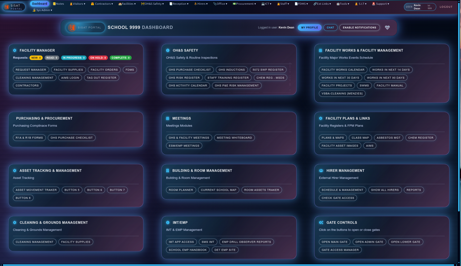 SiSat portal dashboard screenshot showing school facility and compliance widgets